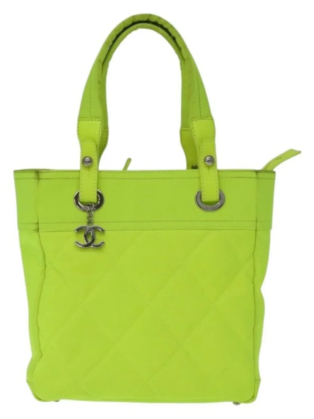 CHANEL Paris Biarritz Tote PM Tote Bag Canvas Green Neon Green CC Auth BSZ633